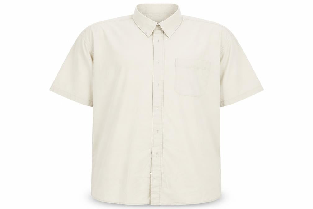 Front view of Double TWO men’s beige button-up, size XL