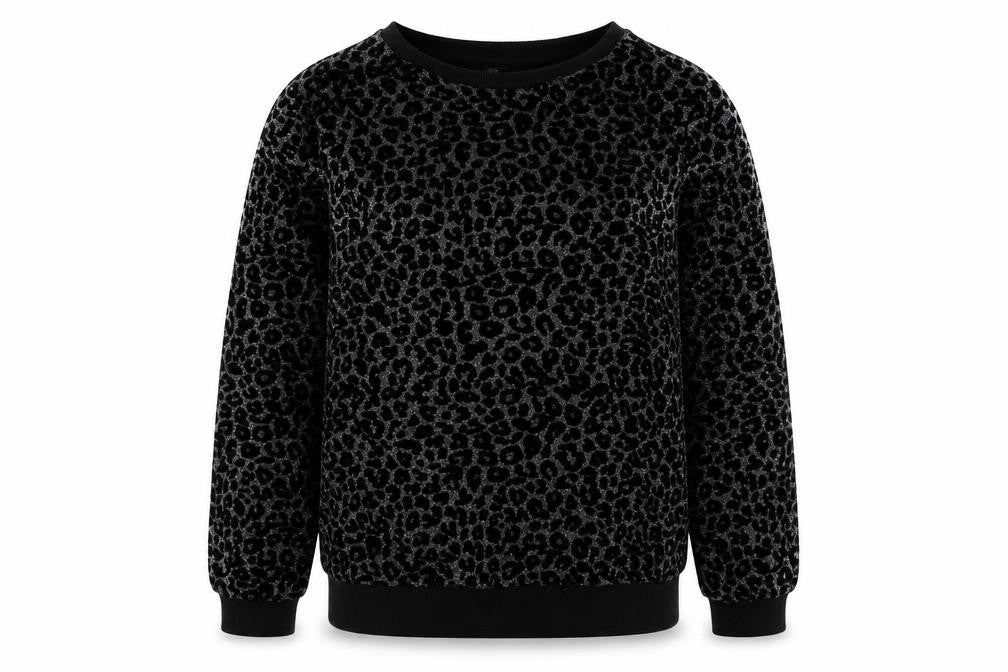 Front view of Tu girls’ black animal print pullover sweatshirt, size 12, years