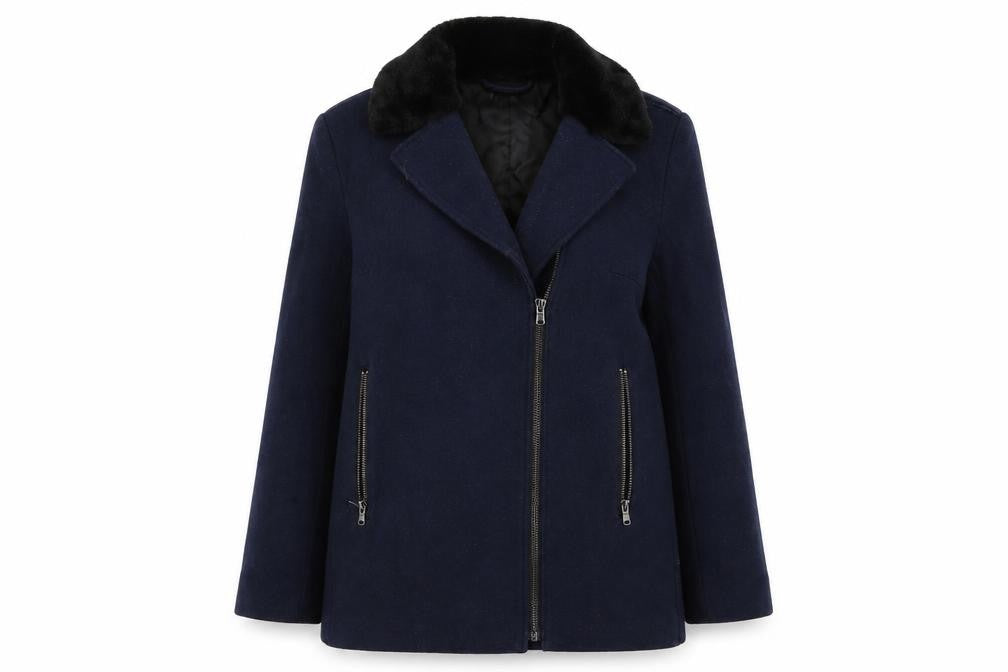 Front view of H&M women’s blue pea coat coat, size UK 8