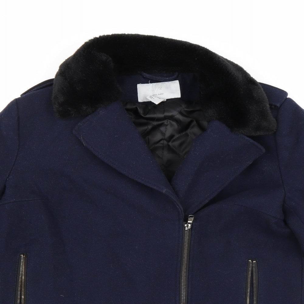 Close-up detail of H&M women’s blue pea coat coat, size UK 8