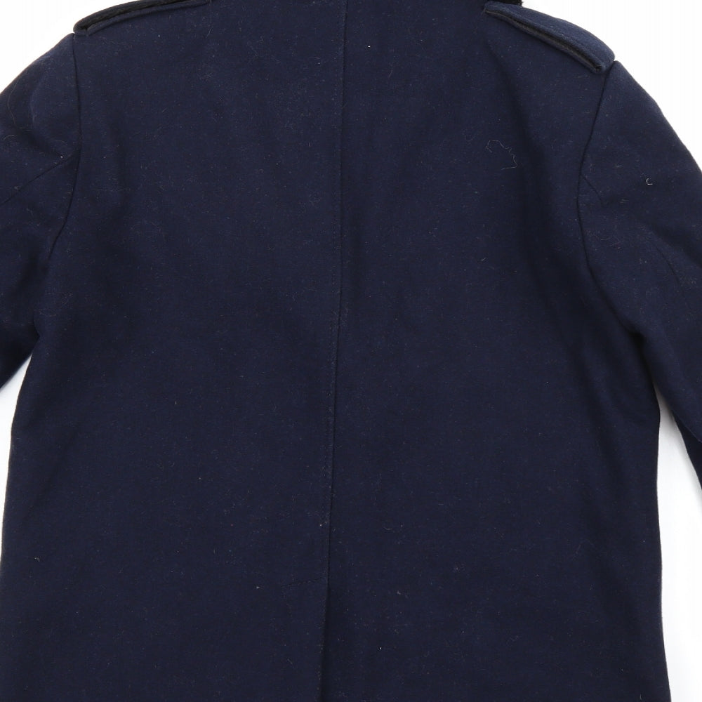 Brand and care label for H&M women’s blue pea coat coat, size UK 8