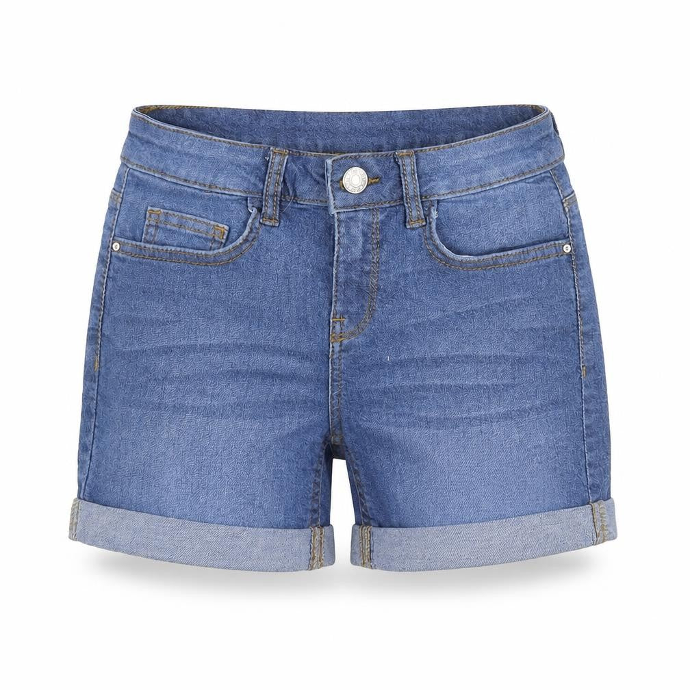 Front view of DENIMCO women’s blue chino shorts, size UK 4