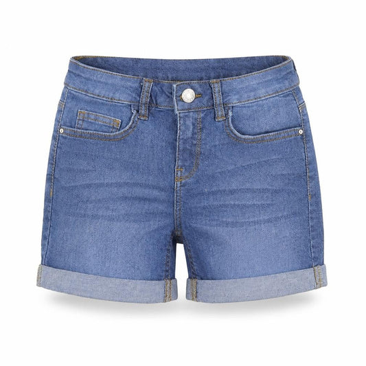 Front view of DENIMCO women’s blue chino shorts, size UK 4
