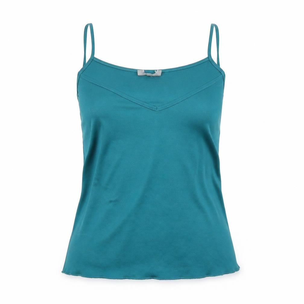 Front view of Preworn women’s green basic t-shirt, size UK 10