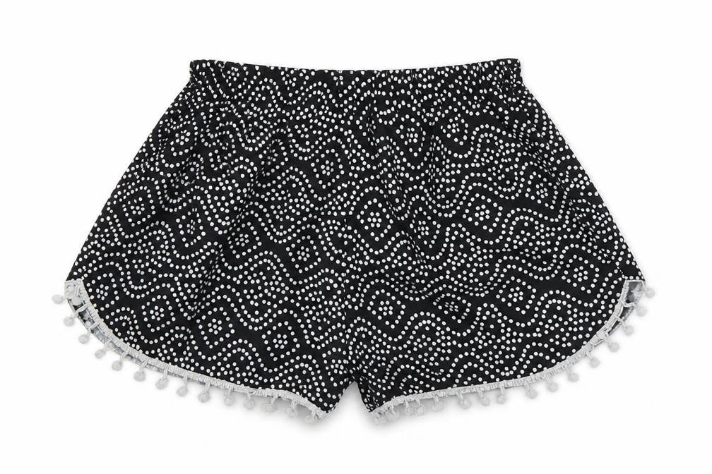 Front view of Preworn women’s black polka dot sweat shorts, size M