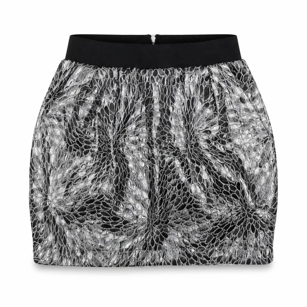 Front view of Rare women’s black floral mini skirt, size UK 6