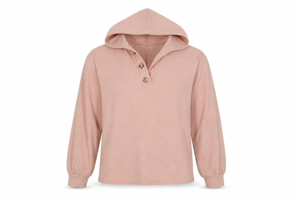 Front view of In the Style women’s pink pullover hoodie, size UK 10