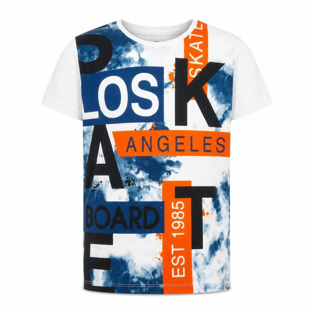 Front view of Matalan boys’ blue geometric basic t-shirt, size 10, years
