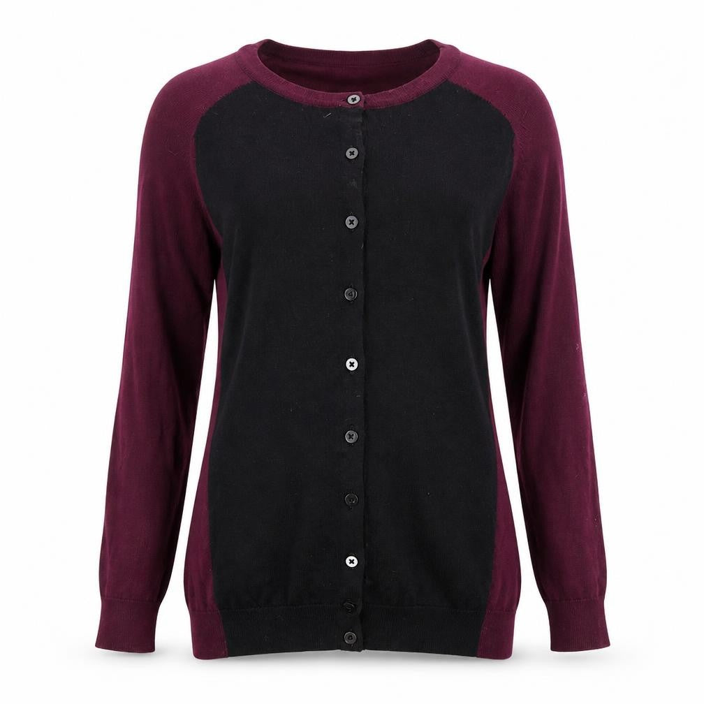 Front view of H&M women’s purple cardigan jumper, size XS, - plum