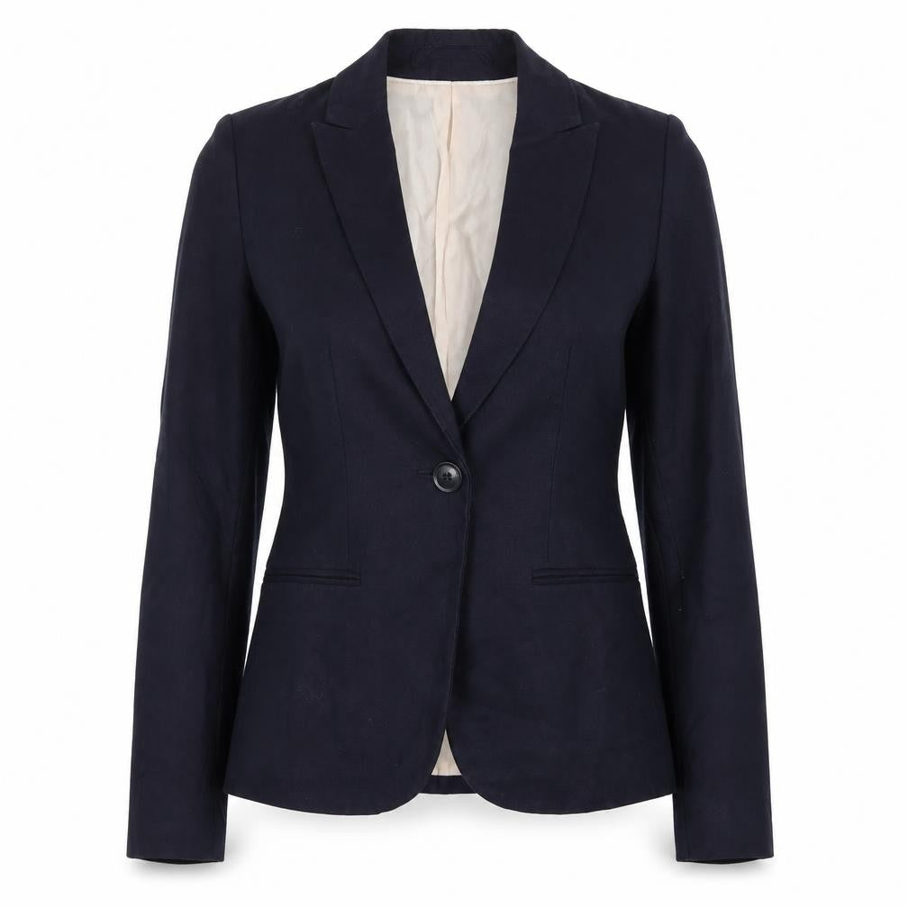 Front view of H&M women’s blue jacket suit jacket, size UK 4