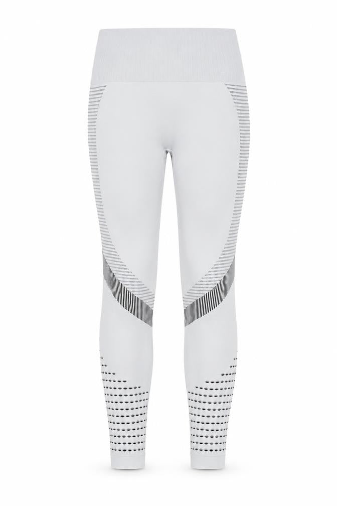 Front view of Preworn women’s grey compression leggings, size L, 27-inch leg
