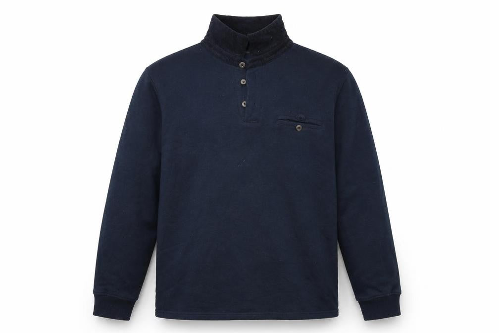 Front view of Dunnes men’s blue henley sweatshirt, size M