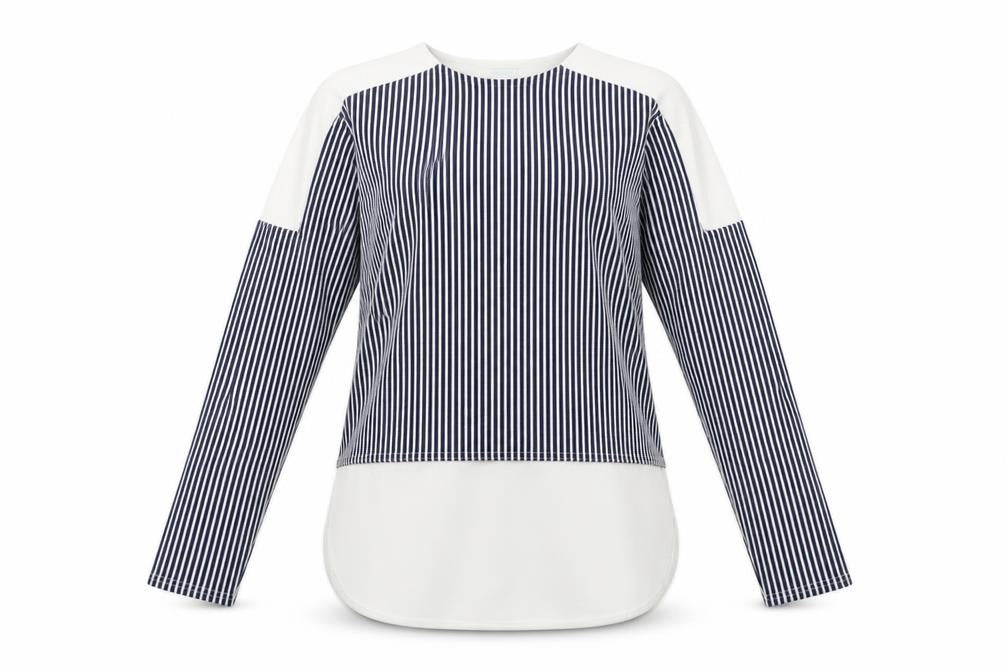 Front view of Blue Vanilla women’s blue striped pullover sweatshirt, size UK 8