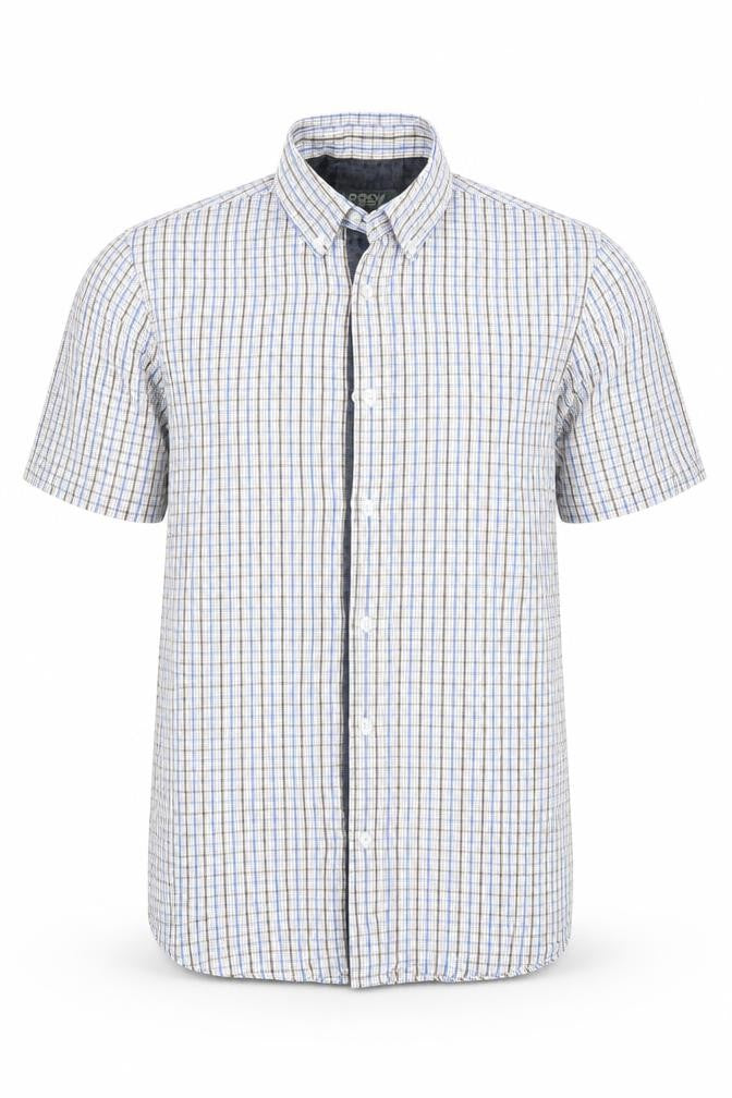 Front view of Easy men’s blue check button-up, size S