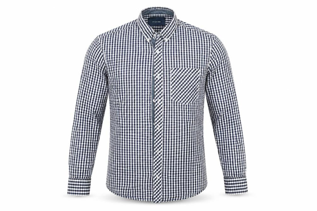 Front view of Diverse men’s blue check button-up, size M