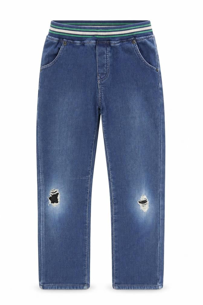 Front view of pre worn boys’ blue tapered jeans, size 10-11, years