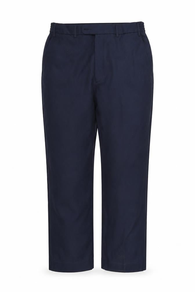 Front view of pre worn women’s blue trousers, size L, 20-inch leg