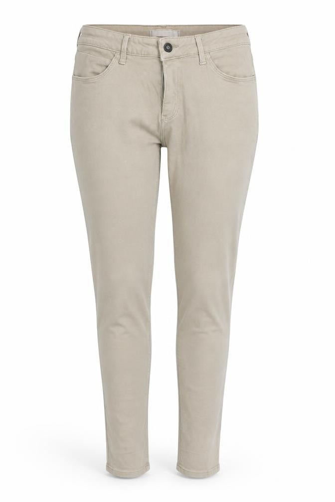 Front view of pre worn women’s beige trousers, size M, 34-inch leg