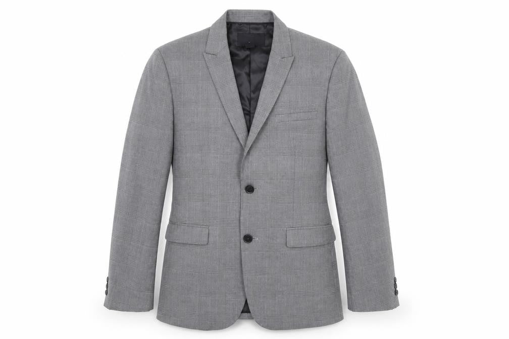 Front view of H&M men’s grey camouflage jacket suit jacket, size 38