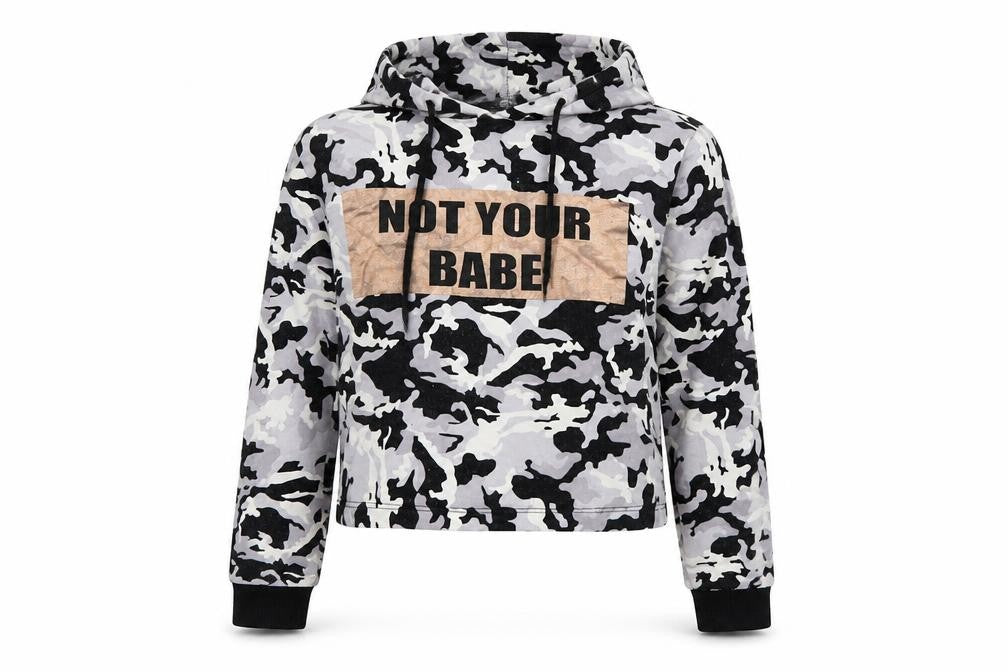 Front view of Select women’s grey camouflage pullover hoodie, size UK 10, - cropped hoodie