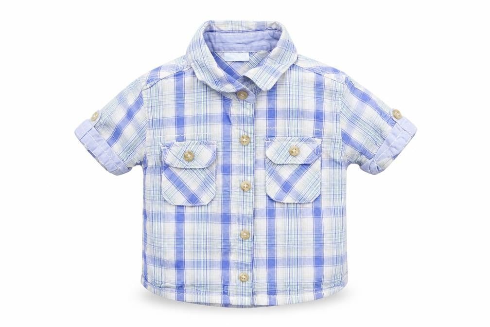 Front view of Cherokee Baby Blue Check Basic Button-Up, size 12-18, Months