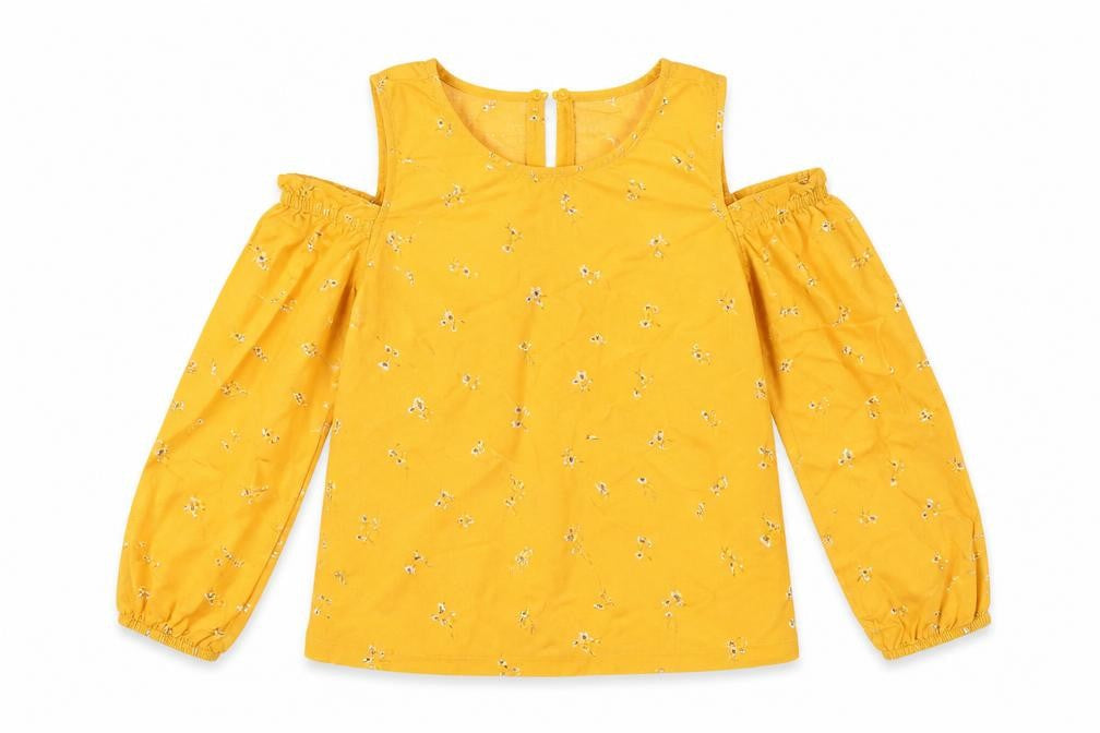 Front view of H&M girls’ yellow floral tunic blouse, size 12, years - cold shoudler