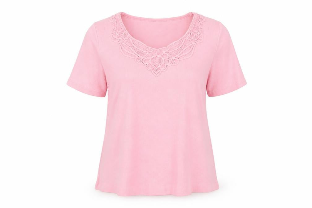 Front view of Preworn women’s pink basic t-shirt, size UK 14