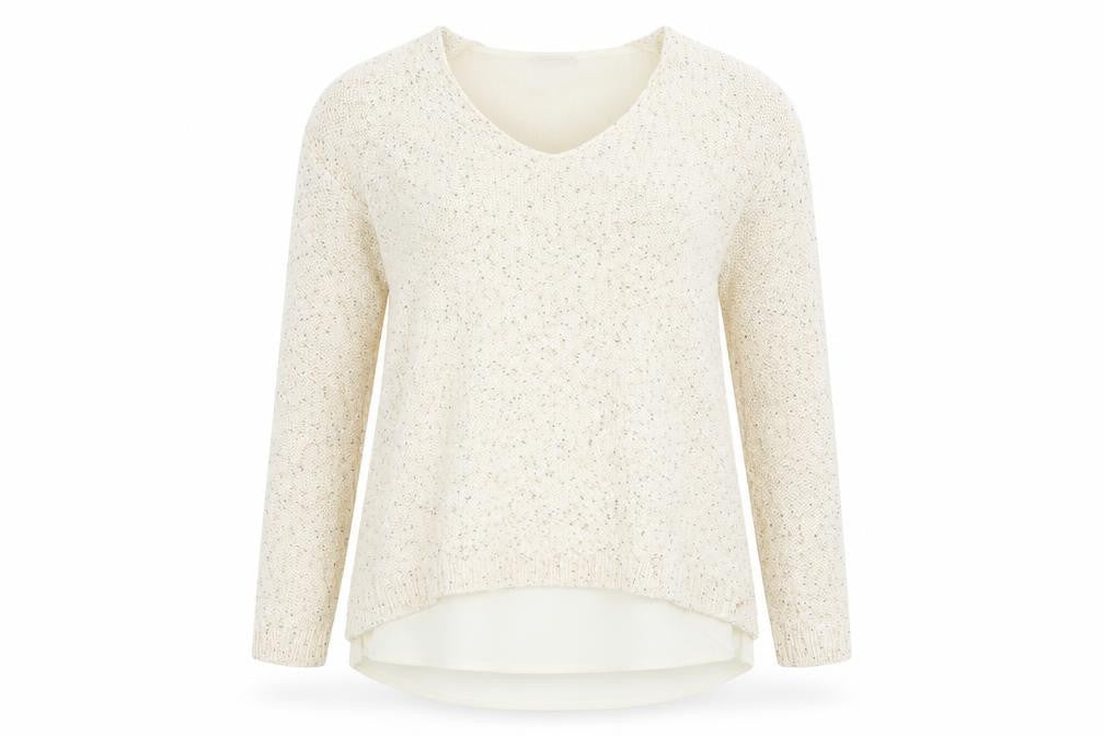 Front view of Encuentro women’s beige pullover sweatshirt, size S