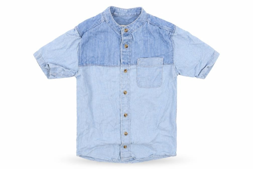 Front view of River Island boys’ blue denim basic button-up, size 6, years