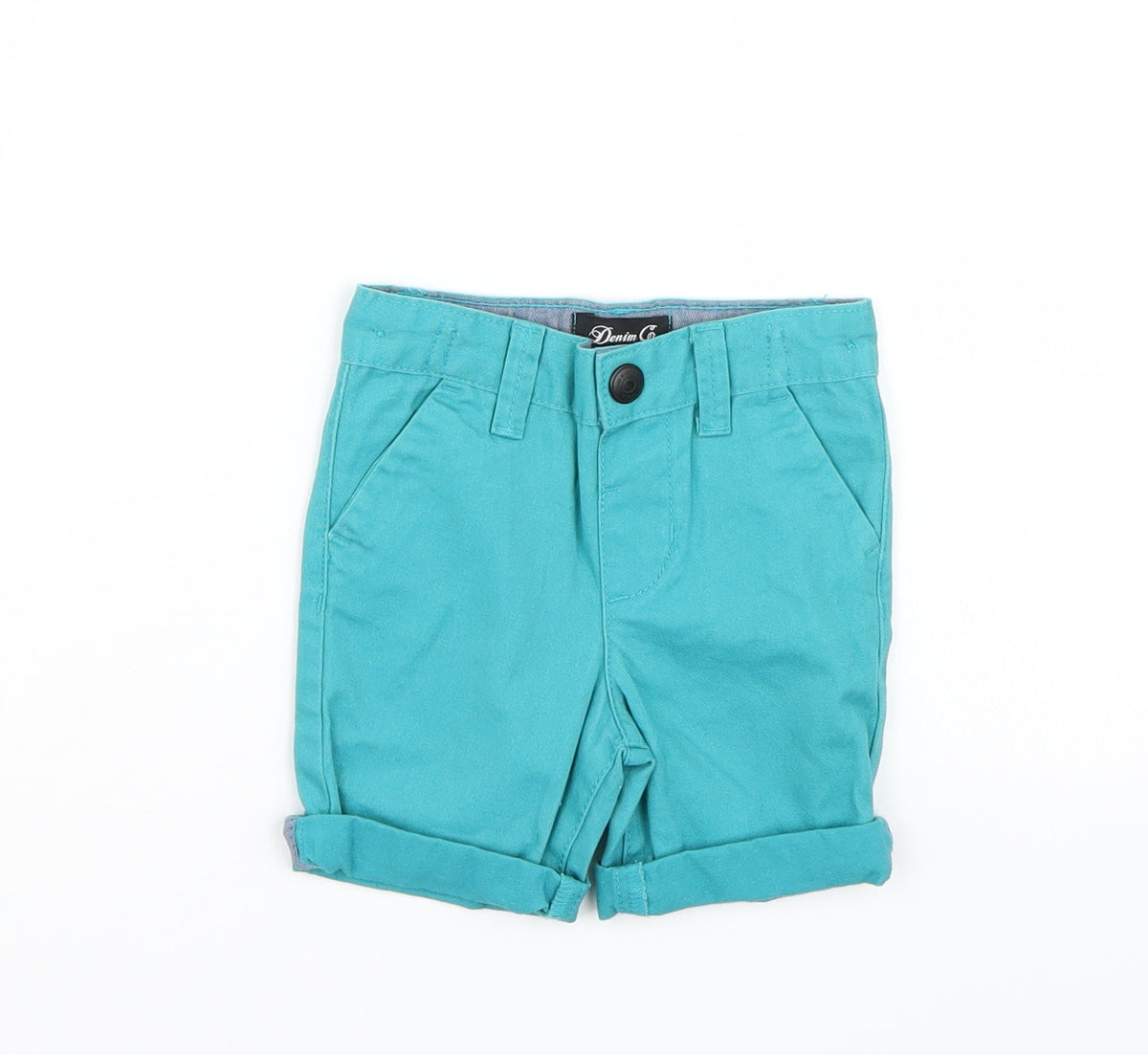 Additional front view of Denim & Co. boys’ blue cropped trousers, size 6-9, months