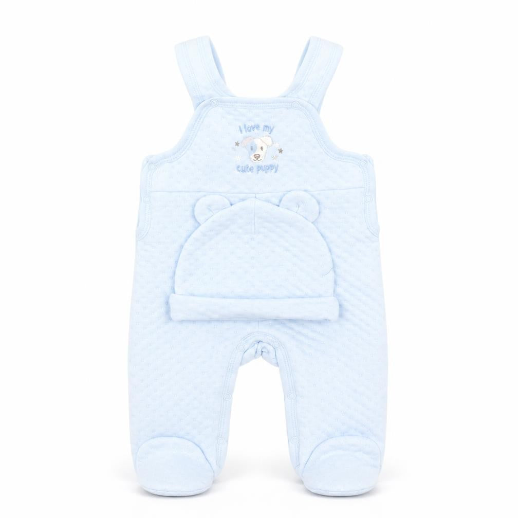 Front view of JUST TOO CUTE boys’ blue babygrow one-piece, size 3-6, months