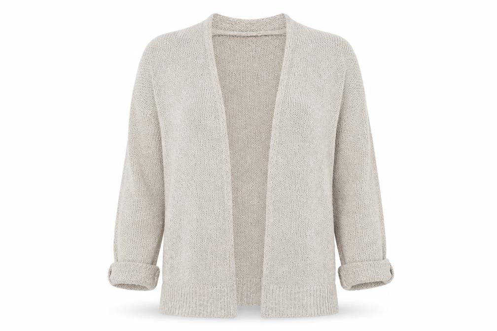 Front view of Preworn women’s beige cardigan jumper, size M