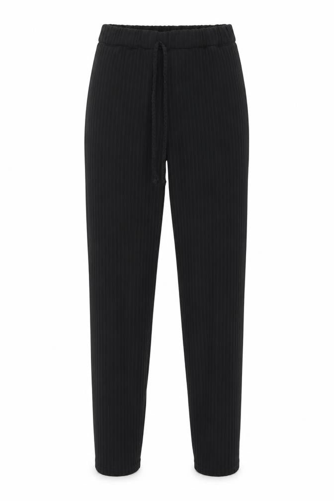 Front view of Boohoo women’s black jersey trousers, size UK 8, 25-inch leg