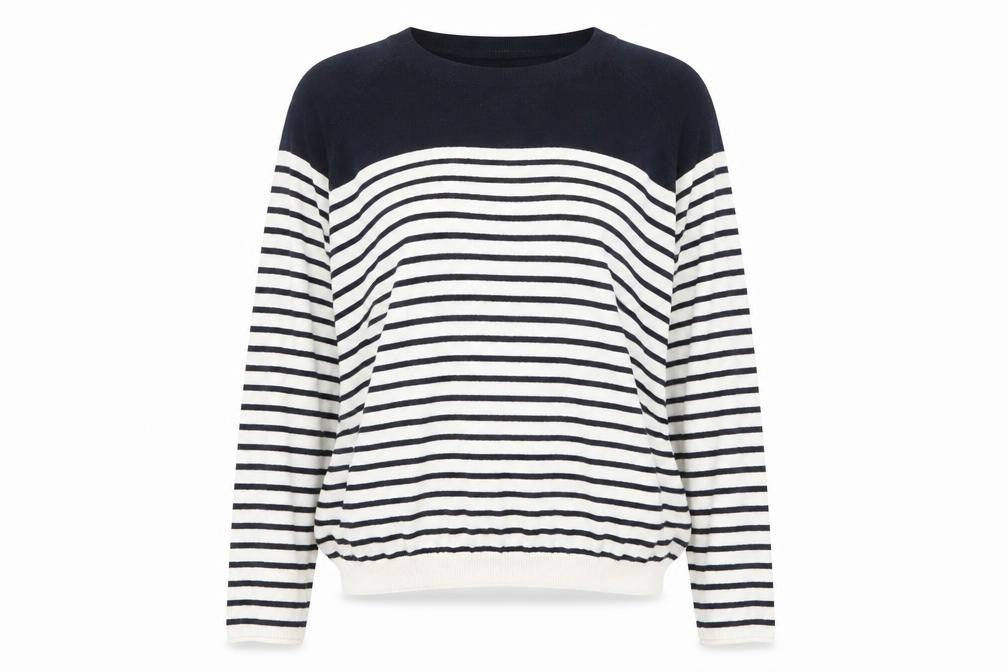 Front view of Topshop women’s blue striped jumper, size UK 10