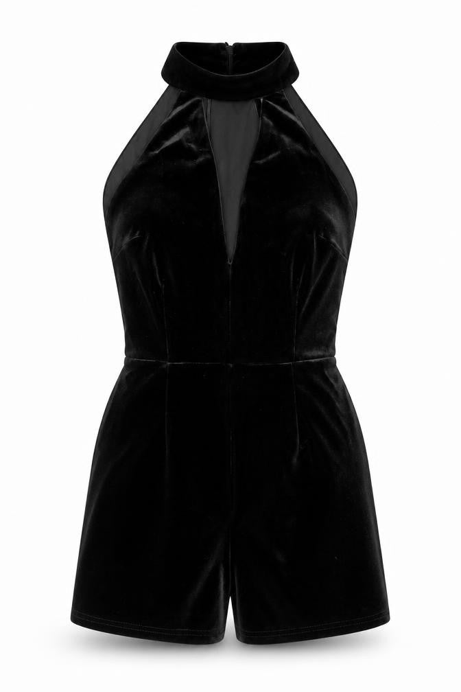 Front view of New Look women’s black velour playsuit one-piece, size UK 8, 3-inch leg