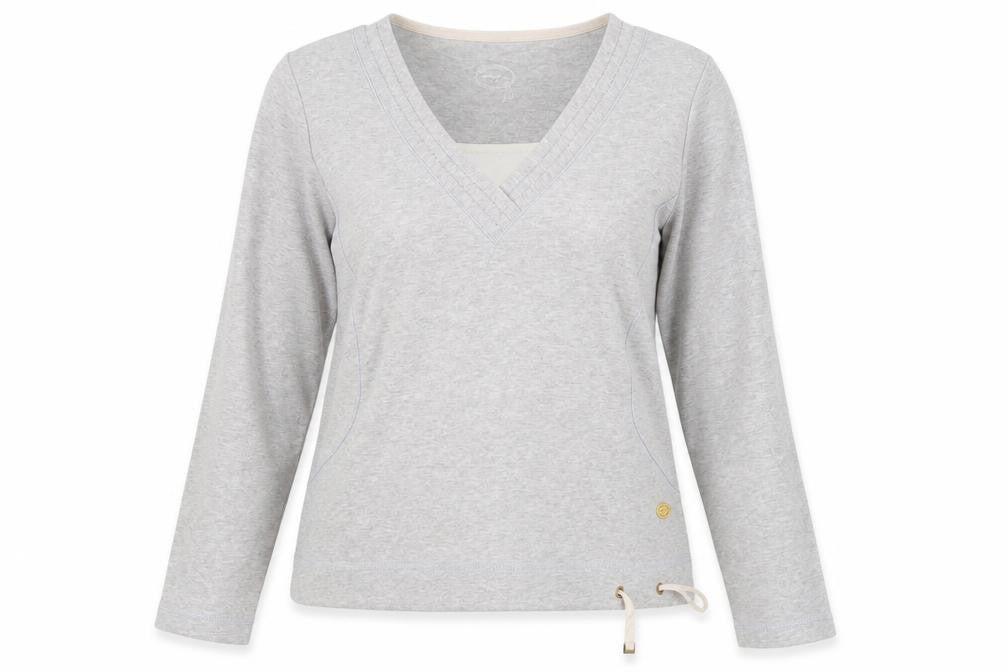 Front view of women’s grey jersey pullover sweatshirt, size UK 16