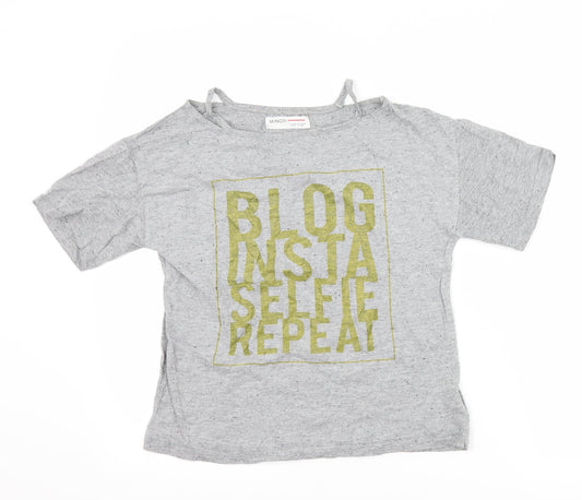 Minoti Girls Grey   Basic T-Shirt Size 9-10 Years  - slogan cut out shoulders