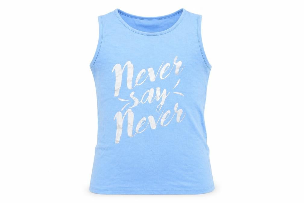 Front view of Txm kids girls’ blue basic tank, size 10-11, years - never say never
