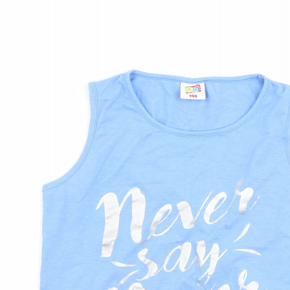 Close-up detail of Txm kids girls’ blue basic tank, size 10-11, years - never say never