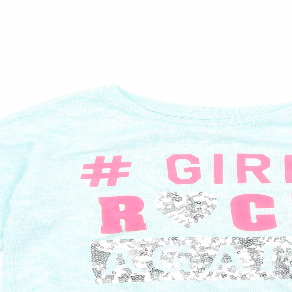 Close-up detail of St Bernard girls’ blue basic t-shirt, size 6, years - slogan