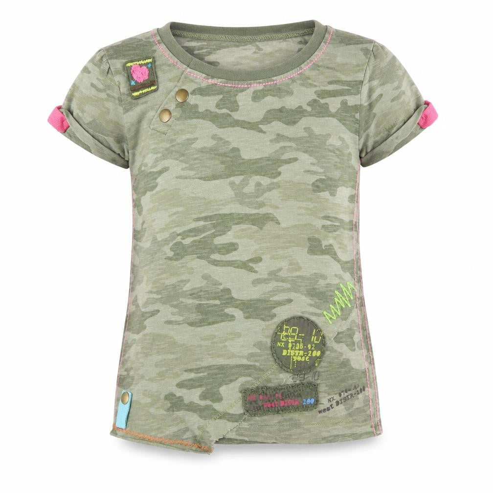 Front view of Next girls’ green camouflage pullover t-shirt, size 5, years