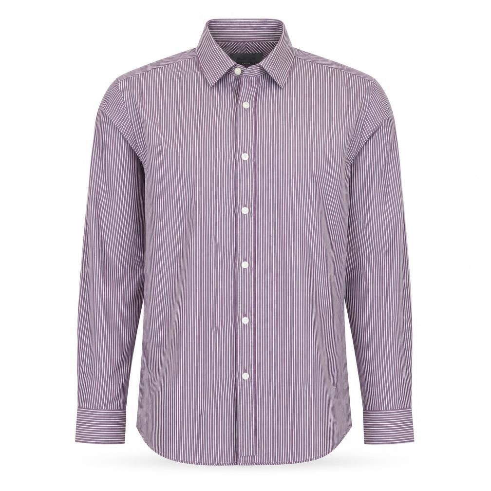 Front view of Burton men’s purple striped button-up, size 14.5