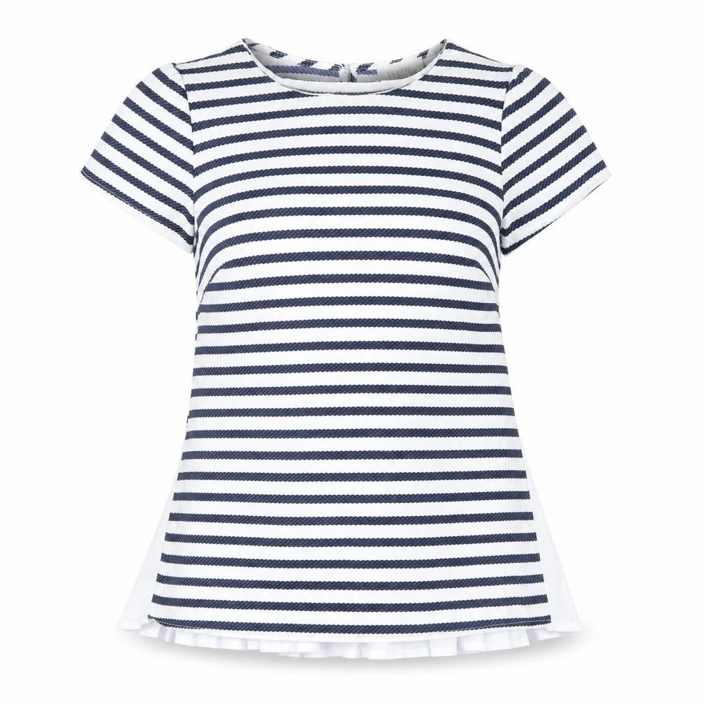 Front view of savida women’s blue striped basic t-shirt, size UK 8
