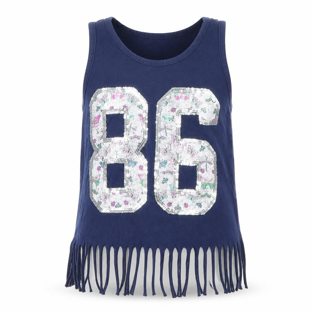 Front view of Preworn girls’ blue basic tank, size 7-8, years