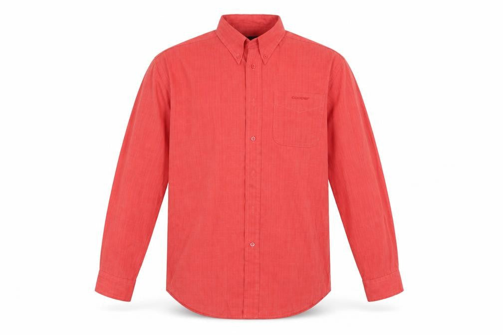 Front view of Cooper men’s pink button-up, size L