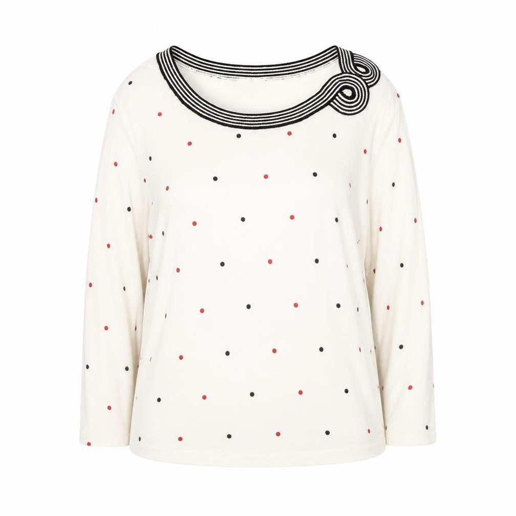 Front view of Country Casuals women’s white polka dot jumper, size XL