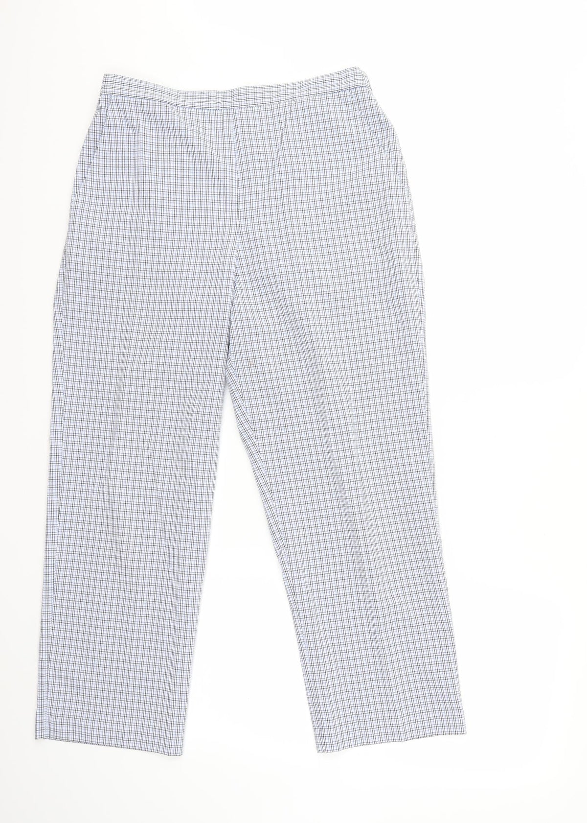 Additional front view of happit women’s blue check trousers, size UK 14, 27-inch leg