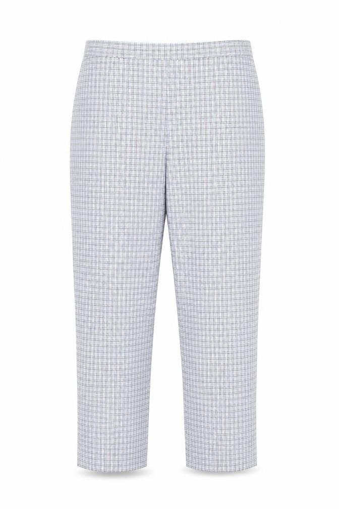 Front view of happit women’s blue check trousers, size UK 14, 27-inch leg