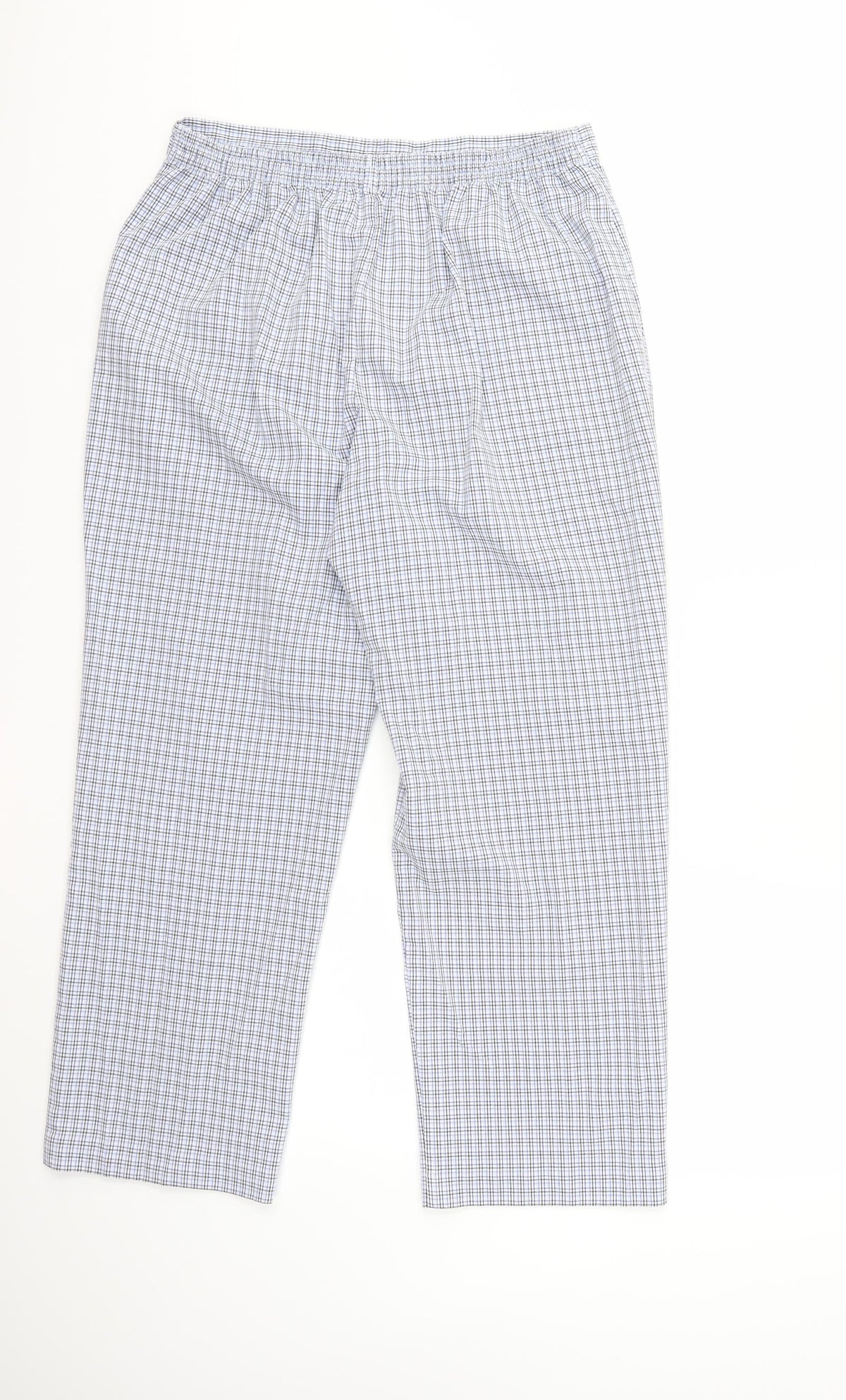 Back view of happit women’s blue check trousers, size UK 14, 27-inch leg