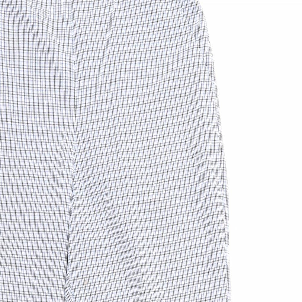 Close-up detail of happit women’s blue check trousers, size UK 14, 27-inch leg